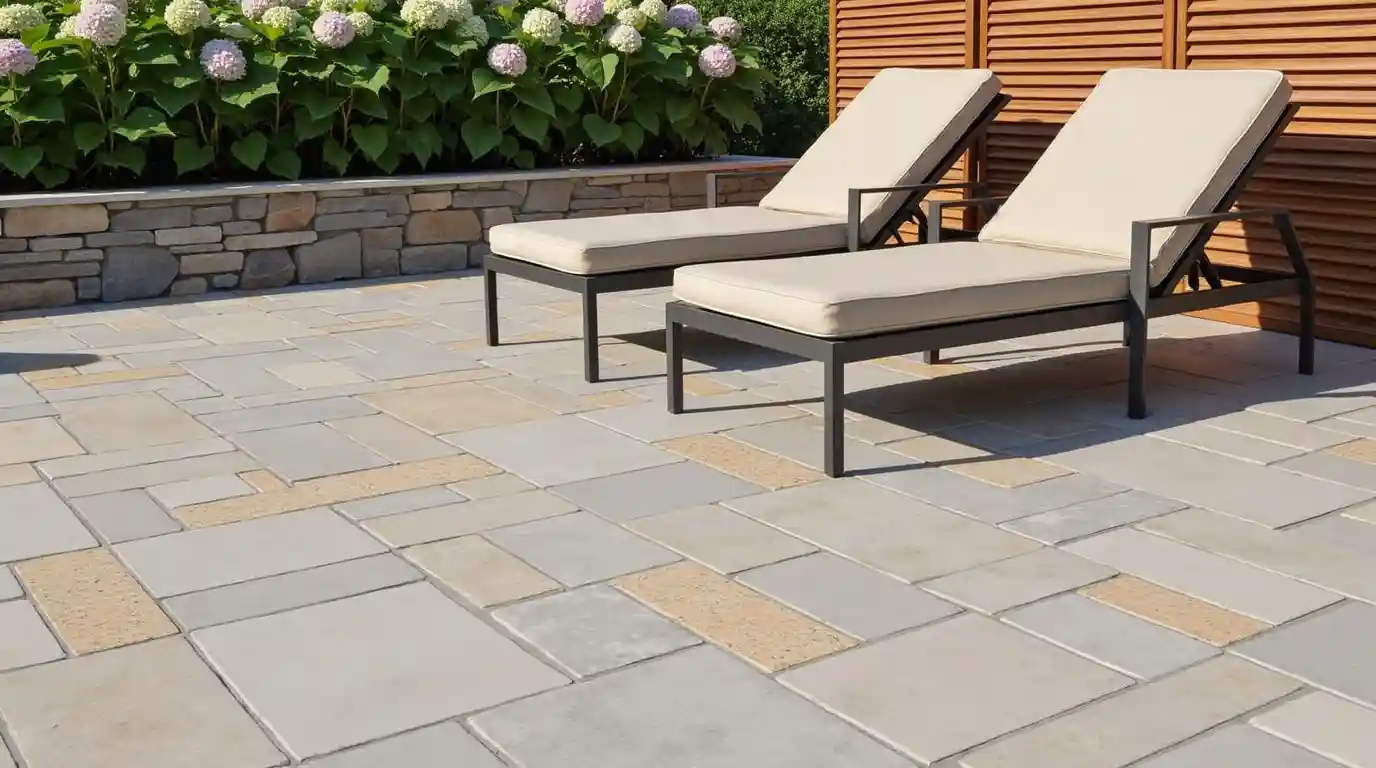Naturstein Terrassenplatten Liegestuehle Naturstein Terrassenplatten mit Liegestühlen